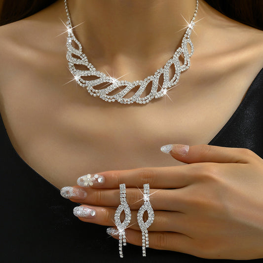 Women 2Pcs Clear Cubic Zirconia Jewelry Set, Intertwined Hollow Twist Necklace & Long Drop Dangle Earrings Silver Plated Formal Wedding Accessories