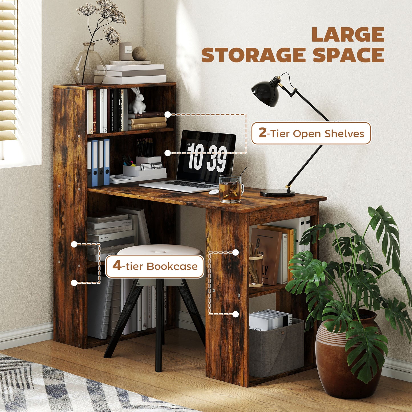 120cm Computer Desk, Wooden PC Laptop Table With 6-Tier Storage Bookshelves, Home Office Working Study Desk, Writing Workstation, Rustic Brown Wood-Effect