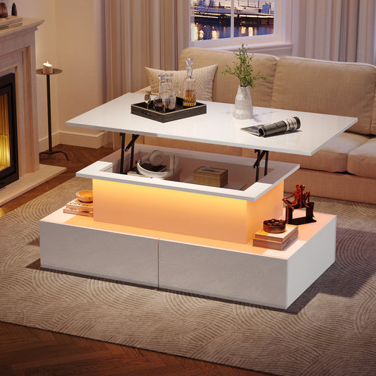 Modern White High Gloss Coffee Table With LED Lighting And 4 Drawers  Stylish 90x55x41 Cm Side Table With Storage, Loadable Up To 30 Kg