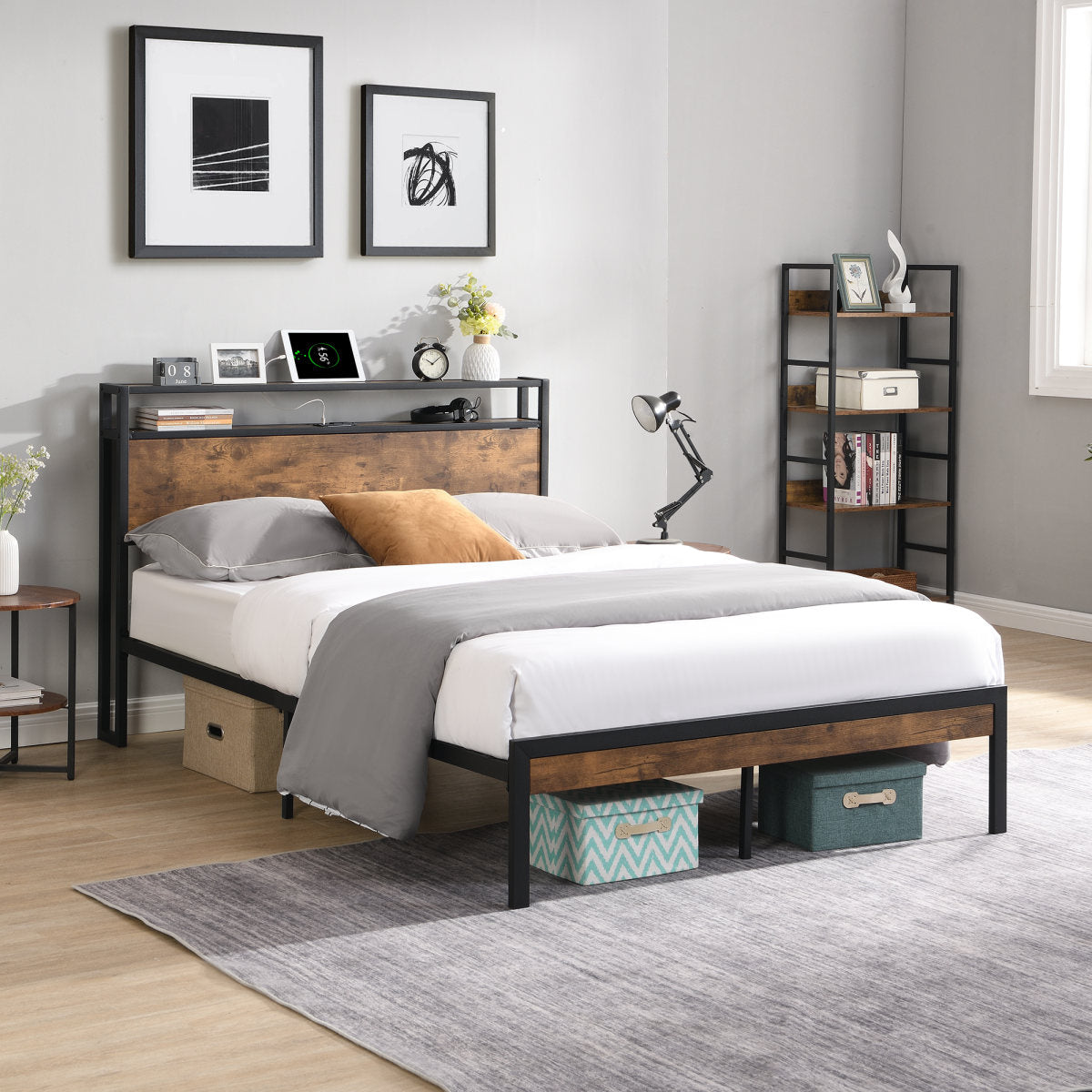 King Size Metal Platform Bed Frame With Wooden Headboard And Footboard With USB LINER, No Box Spring Needed, Large Under Bed Storage, Easy Assemble