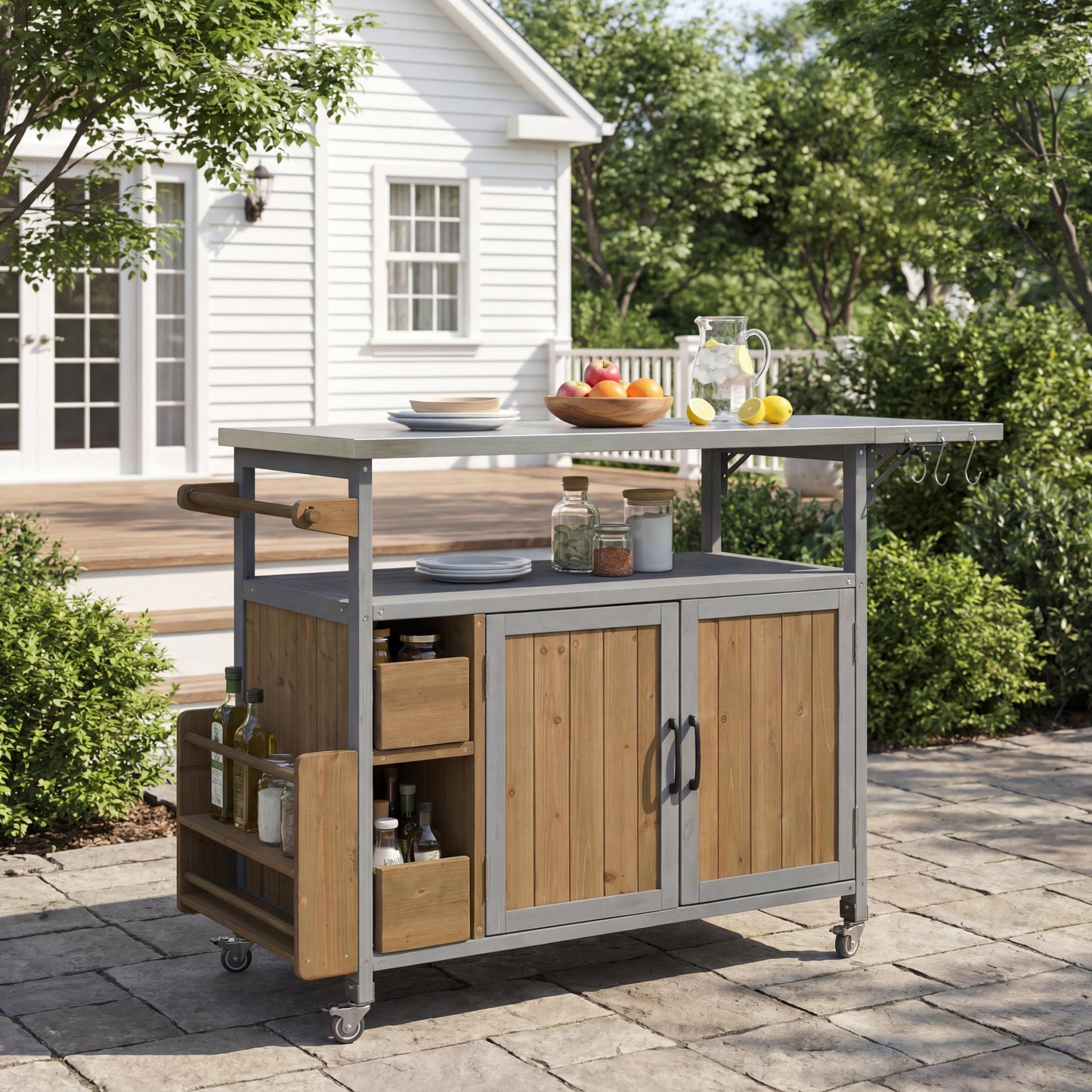 54.33  Farmhouse Rolling Outdoor Kitchen Cart, Solid Wood Frame With Stainless Steel Top, Spice Rack, Towel Rack, Lockable Wheels & Multi-Functional Storage For Patio,  BBQ & Kitchen