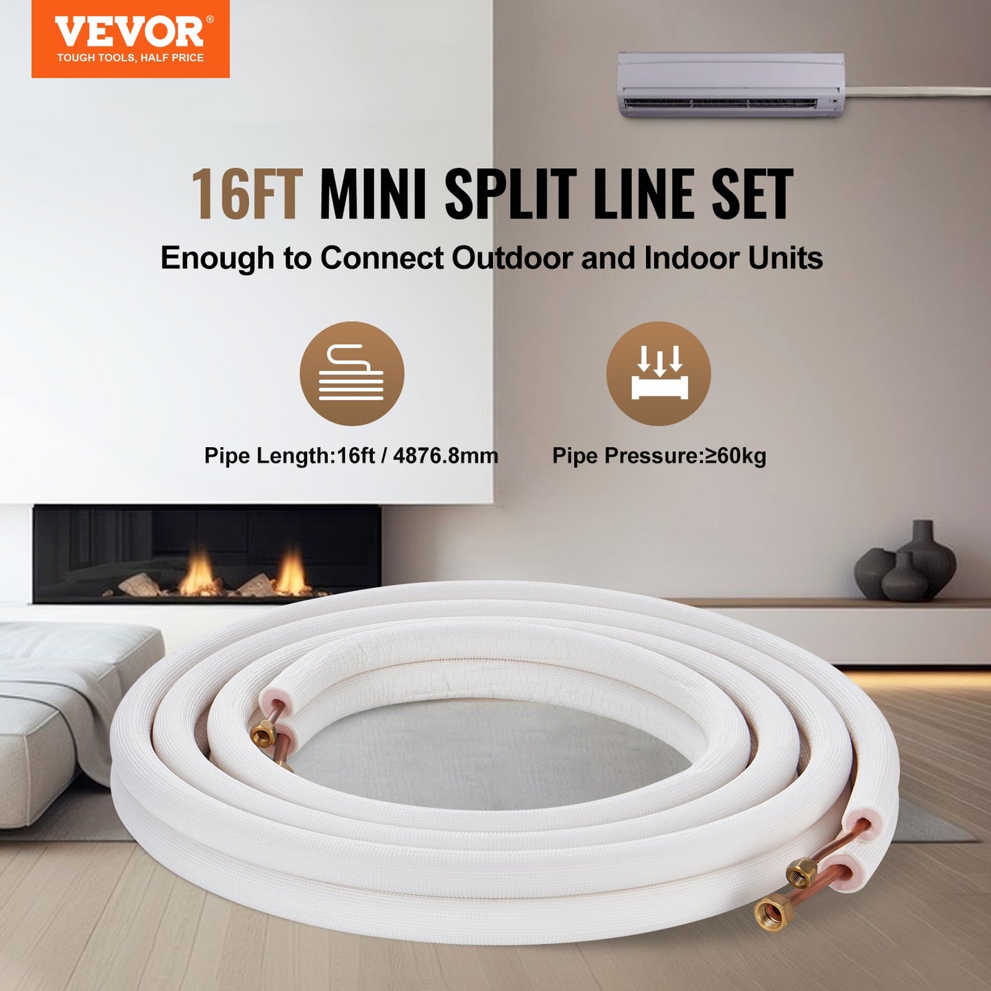 16FT Mini Split Line Set, 1/4" & 3/8" O.D Copper Pipes Tubing And Triple-Layer Insulation, For Air Conditioning Or Heating Pump Equipment & HVAC With Rich Accessories (18ft Connection Cable)