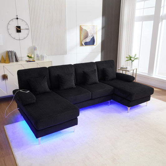 Modern U-shaped Sofa With LED Ambient Lighting & The USB-C Port Solid Wood Frame, 4 Luxurious Cushions & Ergonomic Premium Backrest For Maximum Comfort, Black