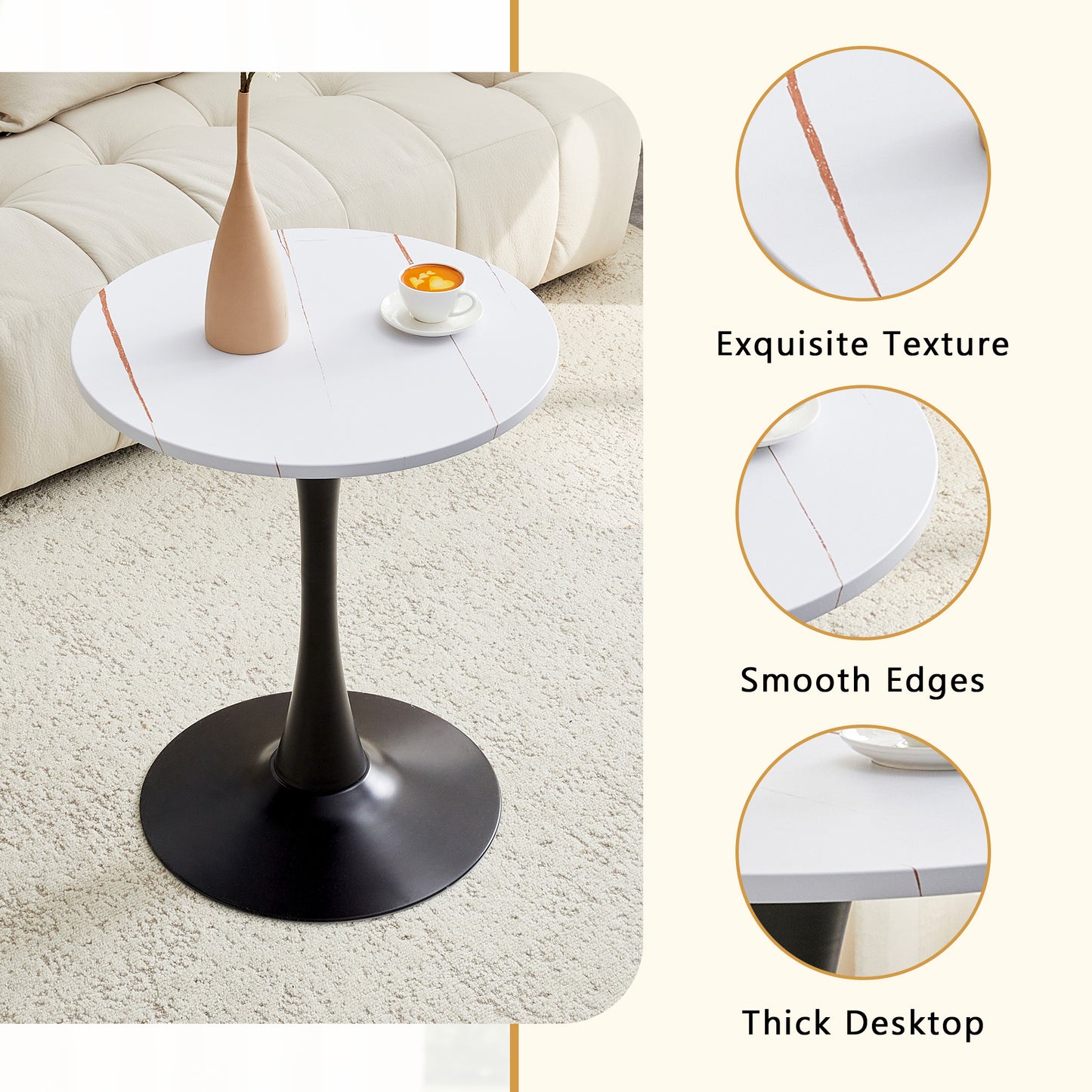 Round Dining Table, 23.6in Circle Tulip Table With Thickened Tabletop & Metal Pedestal, Mid Century Modern Bistro Table For Kitchen, Small Places, Living Room, Cafe  White