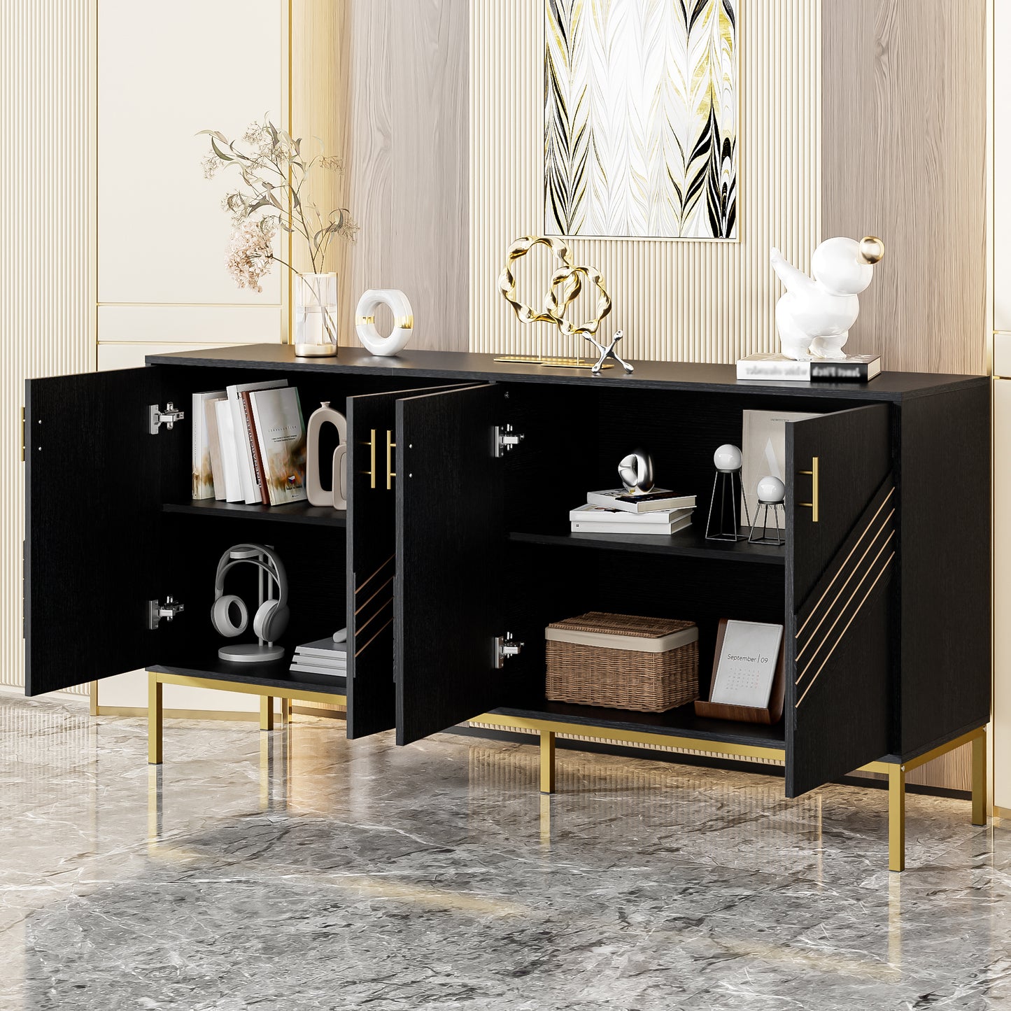 Modern Sideboard With 4 Doors  Stylish Design In Black And Gold, MDF Body With Metal Legs, Large Capacity, Height-adjustable Shelves  For Living Room, Dining Room & Hallway