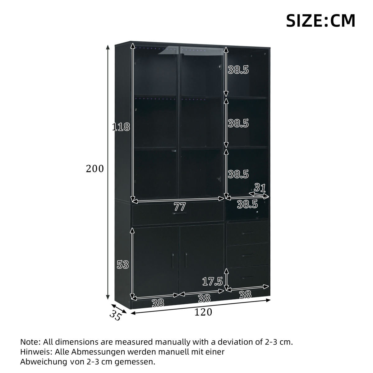 Tall Cabinet With Glass Cabinet & LED, 120x35x200cm Bookcase With 13 Storage Areas, 4 Drawers & Doors Showcases, Storage Cabinets, Cabinets, Suitable For Dining Room And Living Room, Black