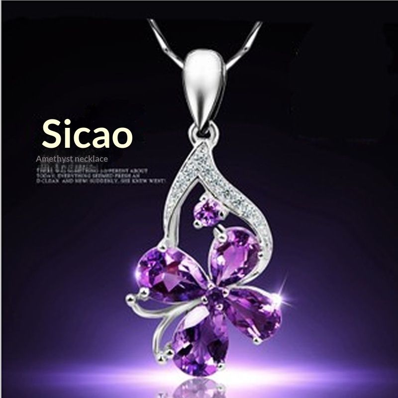 925 Sterling Silver Pendant Purple Diamond Butterfly Necklace Korean Style