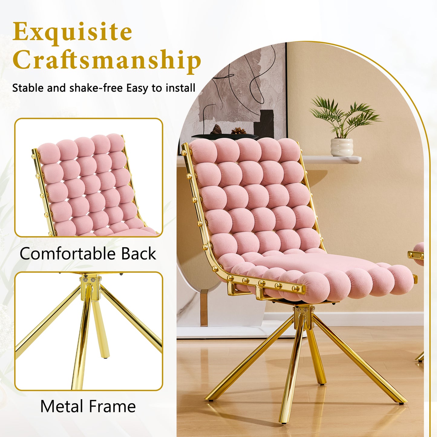 Set Of 2 Modern Pin K Bubble Tufted Accent Chair, Plush Velvet Swivel Chair With Gold Metal Legs, Ergonomic Armless Chair For Living Room, Bedroom & Dining Area