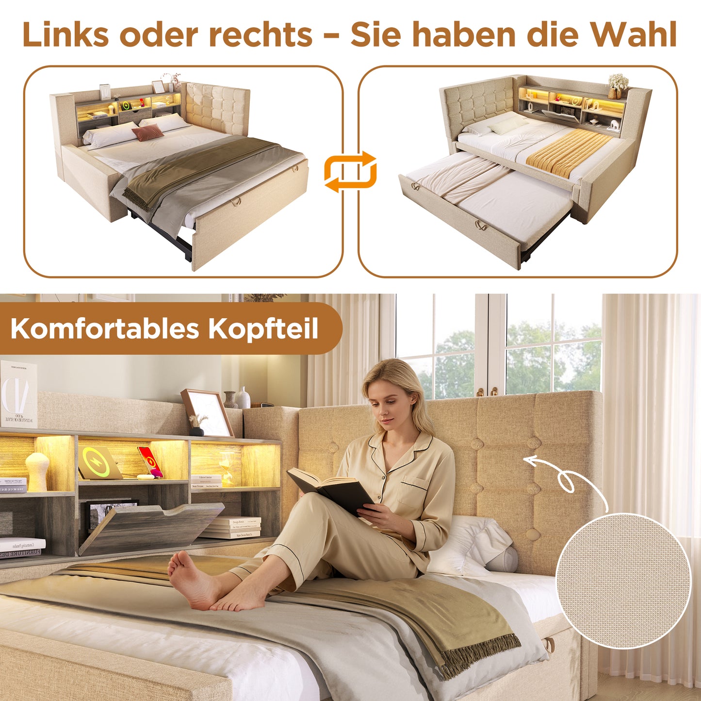 Upholstered Bed Bed 90x200 Cm With Pull-out Bed 90x190, And LED Lighting, Struraum Bed, L-shaped Headboard With Storage Space, Can Be Mounted On Both Sides, Slatted Base, Linen, Beige  Without Mattres