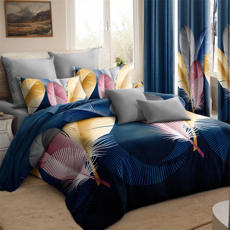 9 Piece Room In A Bag Quilt And Curtain Set, US Designer Navy Blue Boho Feather Print Heavyweight Bedspread With 6 Customizable Window Panels, Pet-Friendly High GSM Coverlet