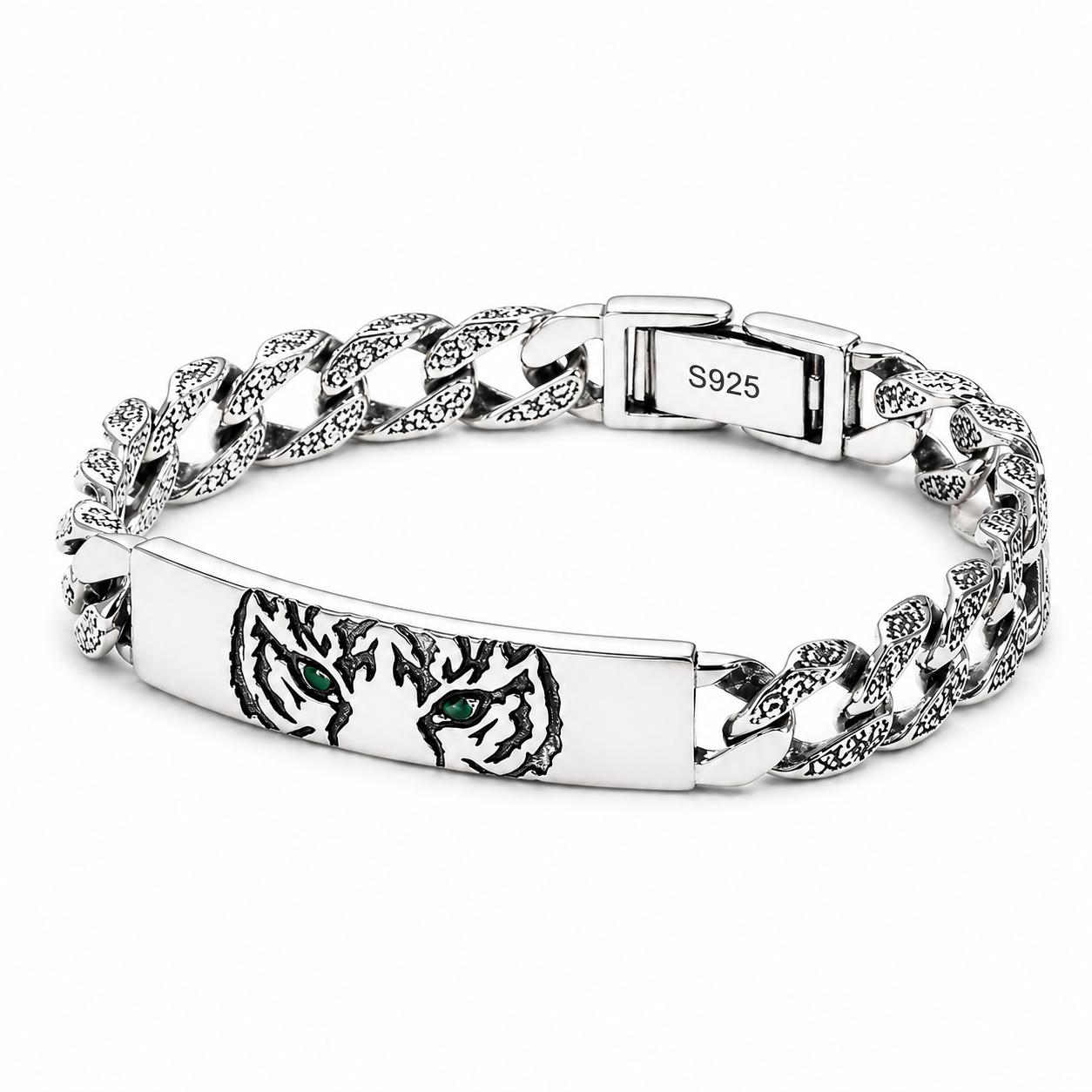 Vintage Engraved Tiger Head Curb Chain ID Bracelet For Men, Copper Plated Silver Inlaid Green CZ Eye Biker Punk Casual Wrist Jewelry Gift