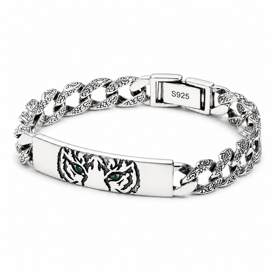 Vintage Engraved Tiger Head Curb Chain ID Bracelet For Men, Copper Plated Silver Inlaid Green CZ Eye Biker Punk Casual Wrist Jewelry Gift