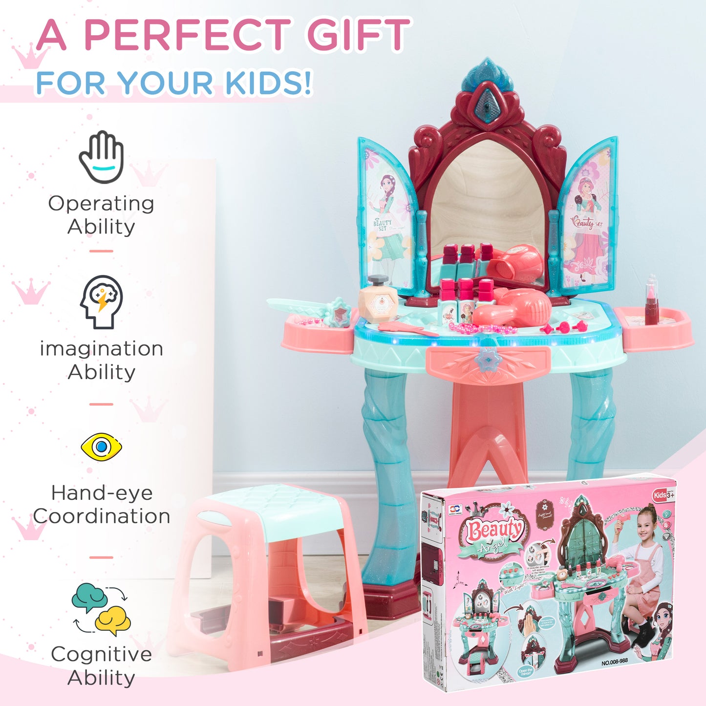 Kids Vanity Set with Self-Opening Magic Mirror, Princess Makeup Vanity Table Set with Music, Tabletop with Lights, Imaginative Toy for 3-6 Years Old Child