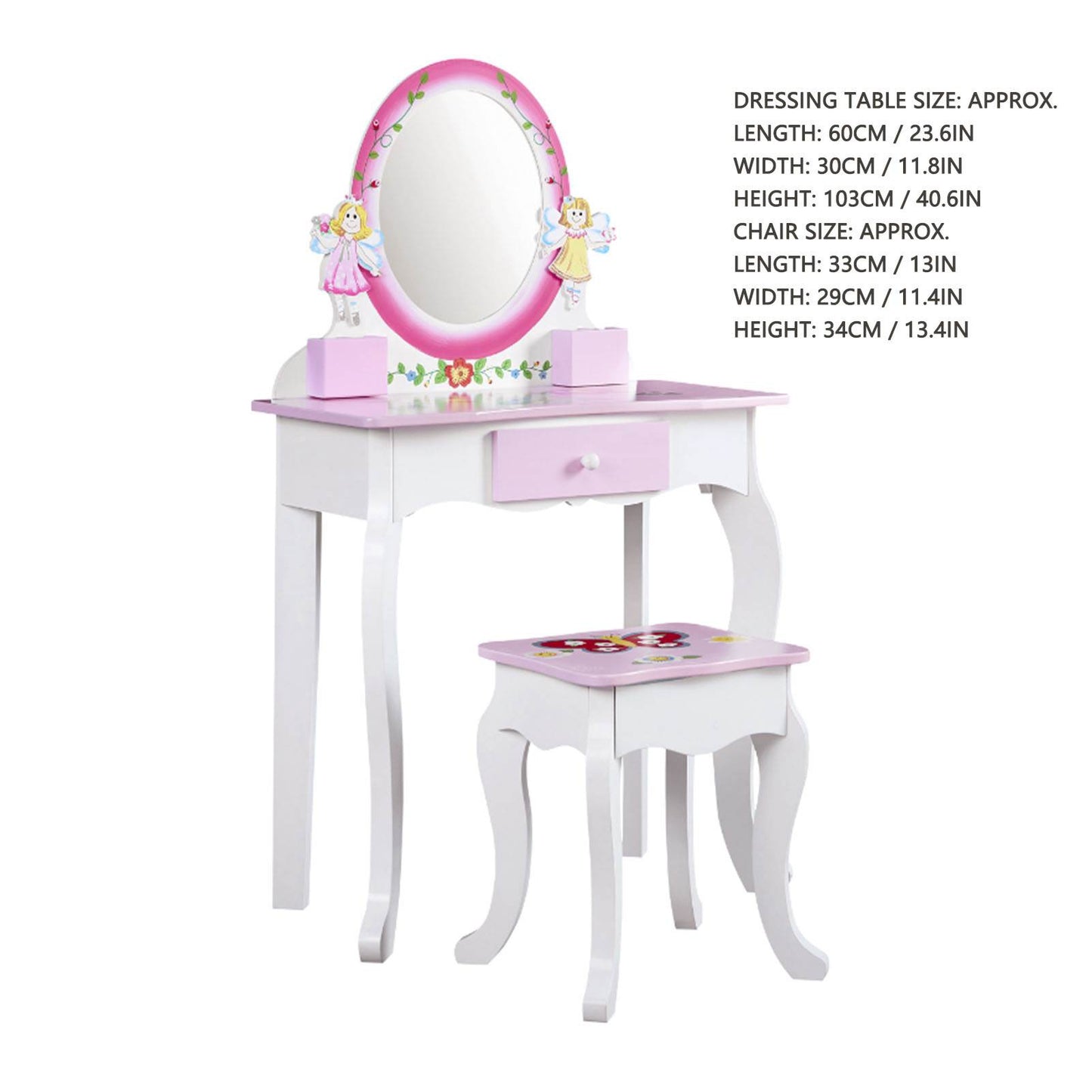 Kids Vanity Set Floral Printed Wooden Makeup Dressing Princess Table With Mirror And Stool For Role Playing Pink