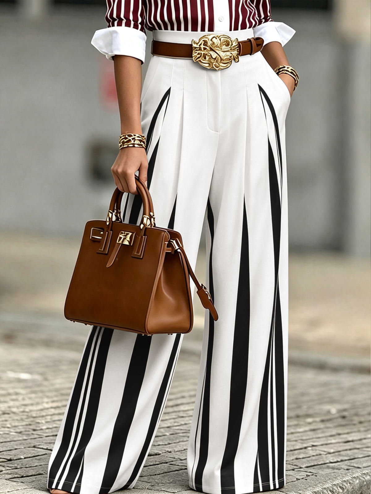 Women High Waist Pleated Wide Leg Dress Pants, Elegant Vertical Contrast Stripes Draped Straight Suit Trousers, Casual Street Fashion Office Work Long Trousers With Pockets
