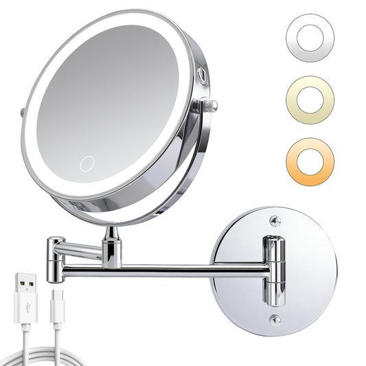 Rechargeable Wall Mounted Makeup Mirror 8 Magnifying Mirror With Lights Double Sided 1X10 360 Rotation Extension Bathroom Shaving Mirror With Foldable Arm