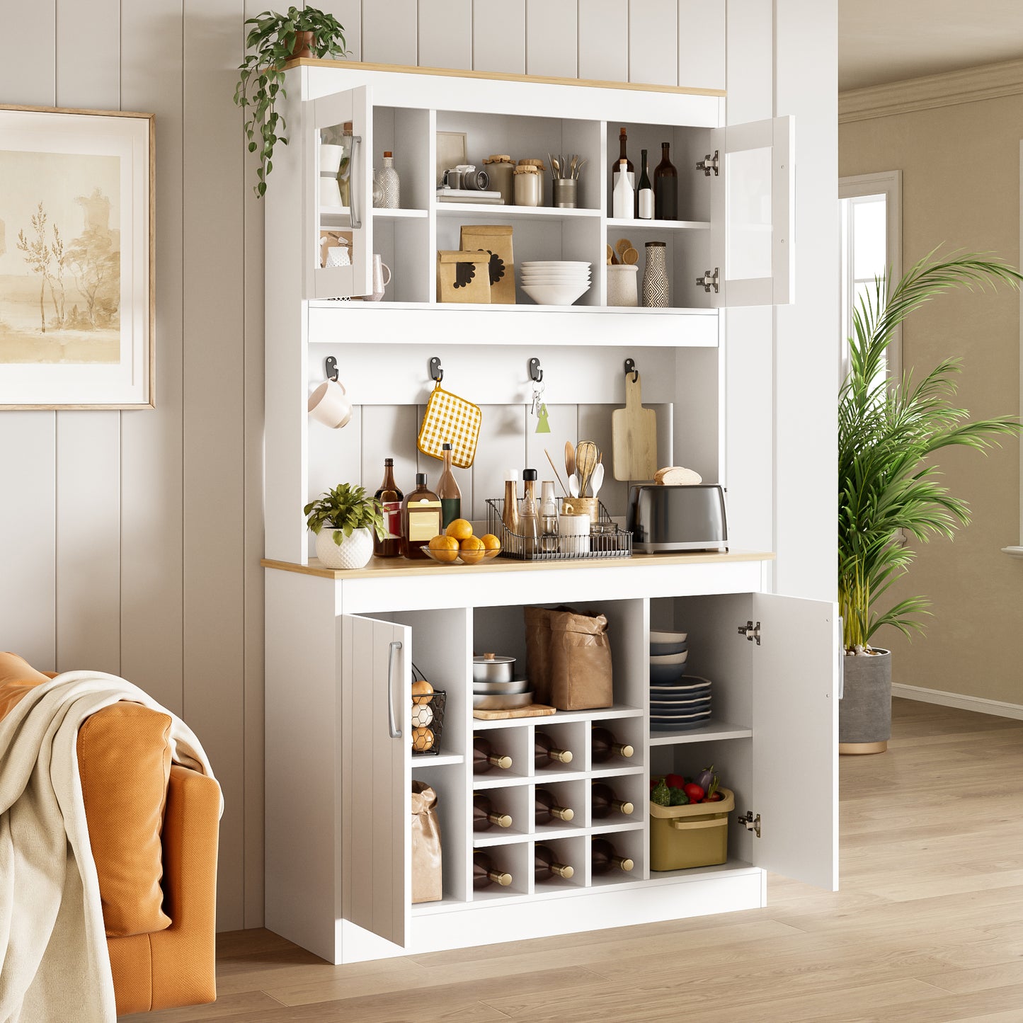 Kitchen Buffet Cabinet With Attachment 175 Cm, Kitchen Cabinet With Glass Doors, Wine Rack And Hook Rack, Large Dish Cabinet Pantry Cabinet Kitchen Cabinet For Kitchen Dining Room Living Room