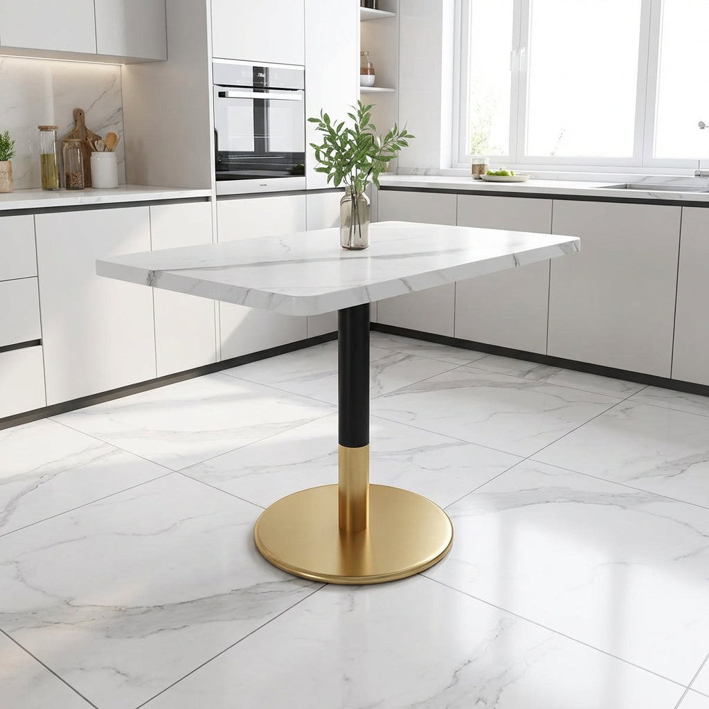 Modern Rectangle Dining Table For 2 Small Kitchen Table With White Marble Pattern Wood Desktop And Black Metal Pillar Negotiation Table With Gold Base For Dining Room Kichen Office Meeting Room 80x60c