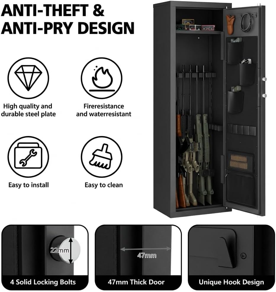 12-15 Gun Safe For Rifles And Pistols, Large Gun Cabinet With Digital Keypad Lock, Anti-Pry Steel Security Safe, Adjustable Shelves & Pistol Holster For Home Defense & Hunting Storage