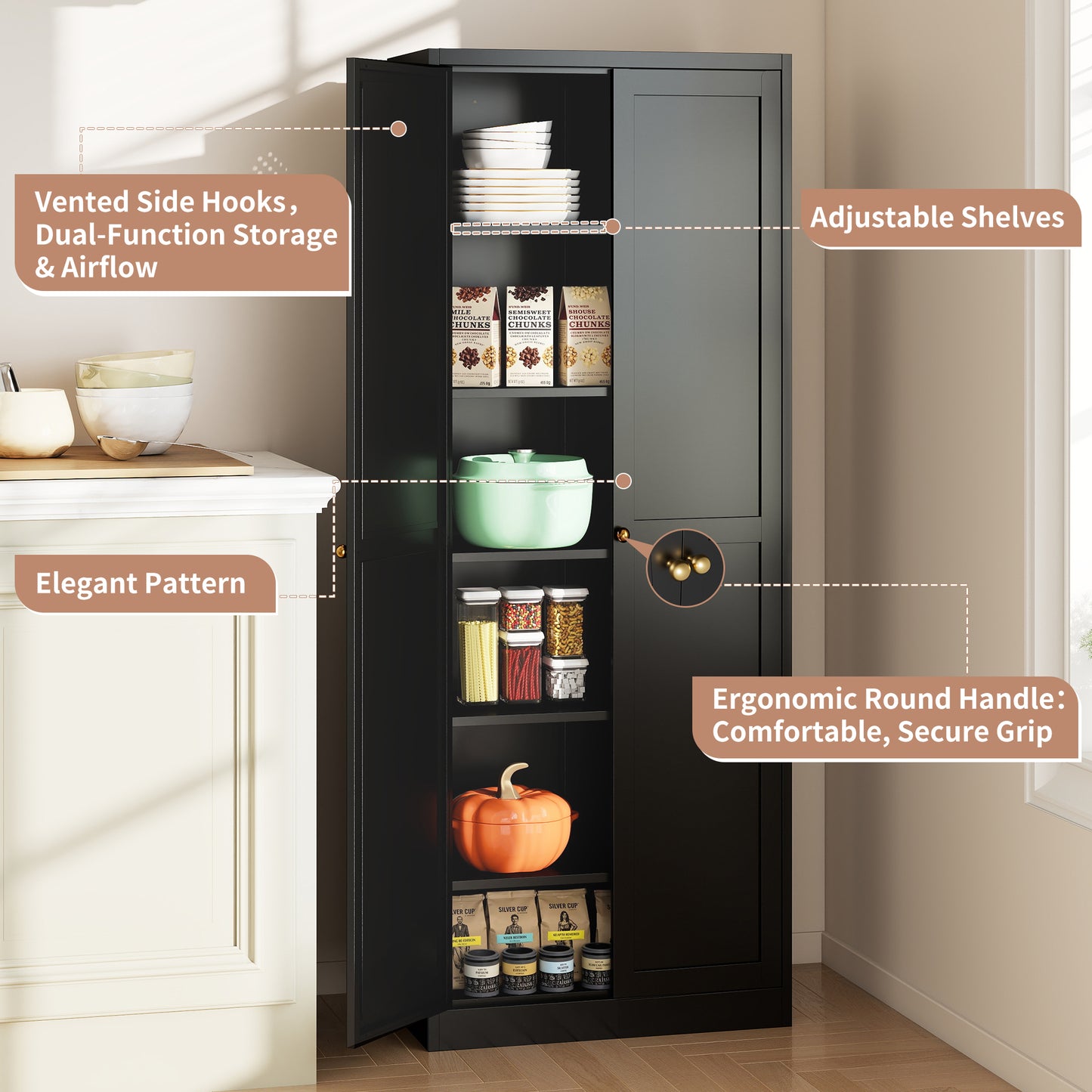 72  Black Metal Kitchen Pantry Cabinet With Doors, Heavy-Duty Freestanding Storage Organizer With 5 Adjustable Shelves, Tool-Free Assembly For Pantry, Kitchen, Bathroom