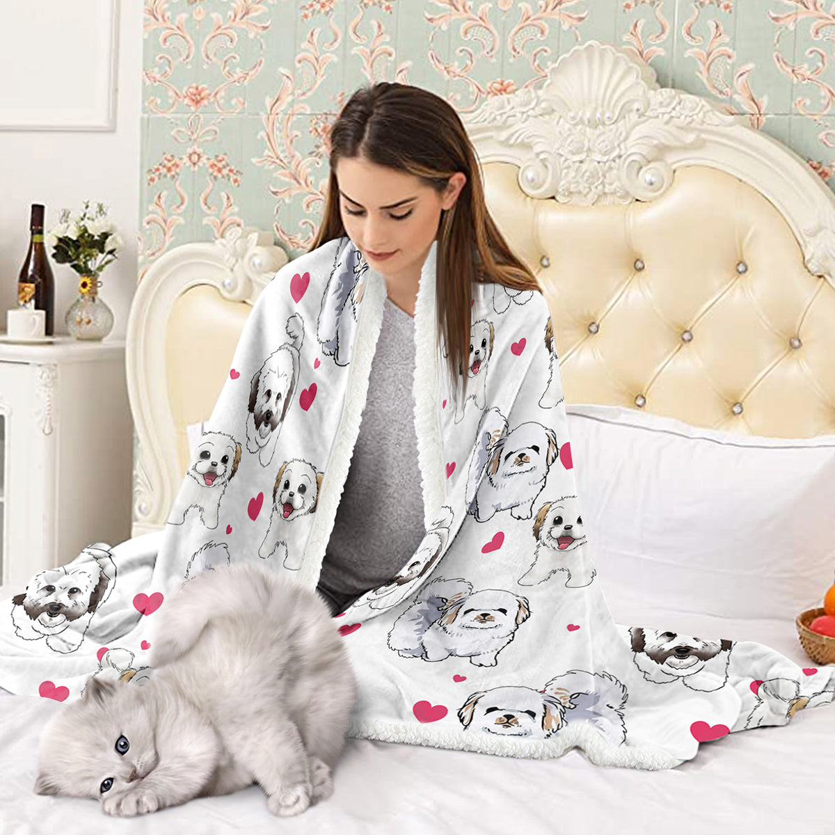 Shih Tzu Sherpa Throw Blanket - Super Soft Fuzzy Cozy Warm Red Hearts Dog Blanket Thick Plush Fluffy Blankets For Teen Girls Women Couch Bed Sofa Chair Men Boys Gift