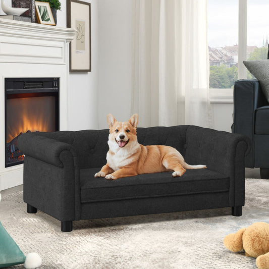 Elegant Rectangular Pet Bed For Small And Medium-sized Dogs, Durable Elevated Dog Sofa Bed, Comfortable Dog Sofa, Modern And Fashionable Linen Fabric Dog Sofa-Black