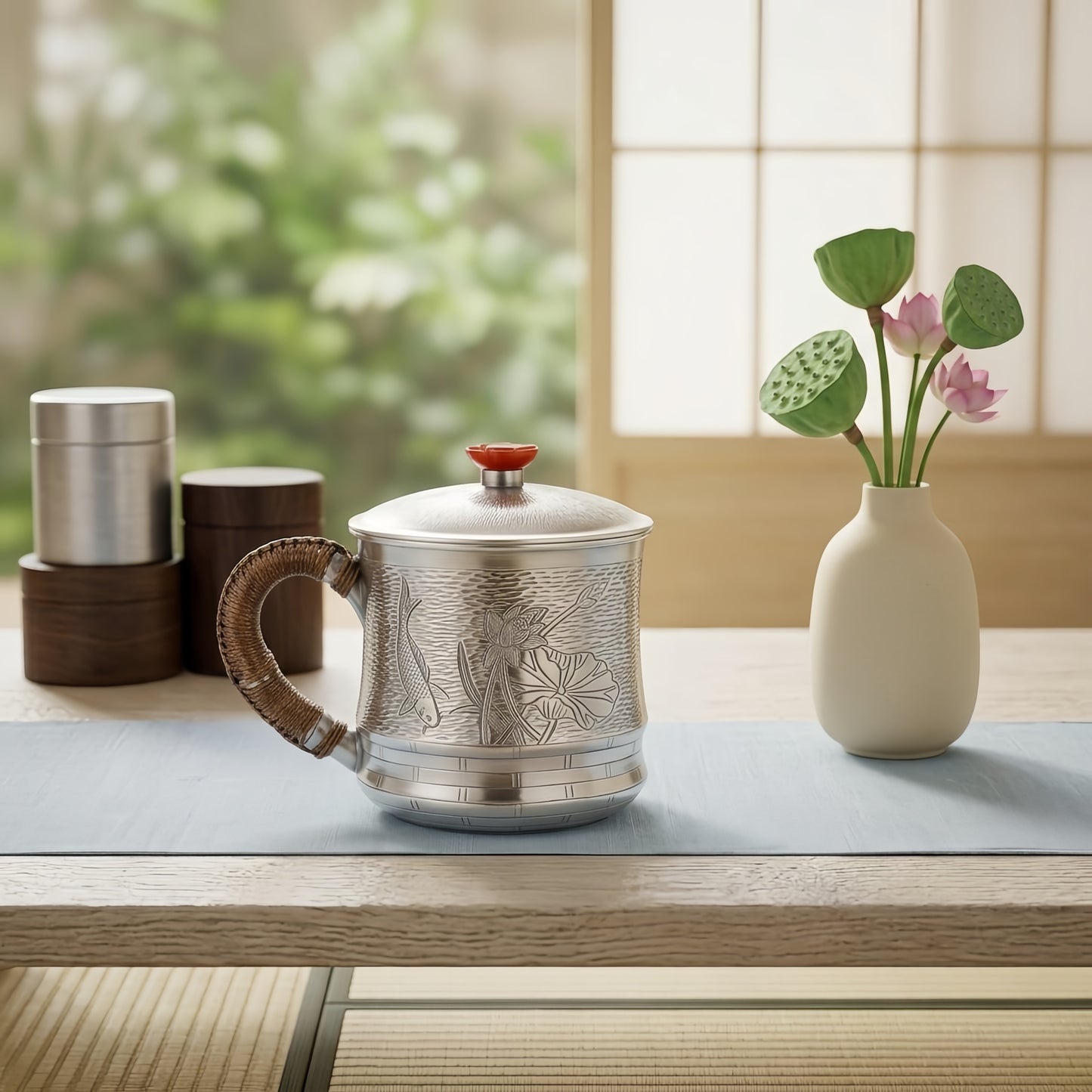Pure 999 Fine Silver Handcrafted Silver Tea Mug with Lotus and Fish Relief and Cord-Wrapped Handle - Handicraft