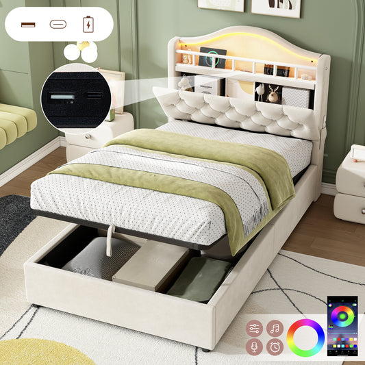 3ft Single Hydraulic Bed In Velvet, LED Bed Frame With Charging Station & Diamond Tufted Headboard, Multi-zone Storage, Solid & Stable Base,Beige  No Mattress