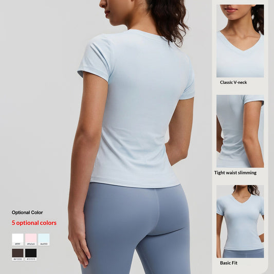 Peach Basic V-neck Short Sleeve Sports Top, Breathable Slim-fit Yoga Shirt For Fitness And Running