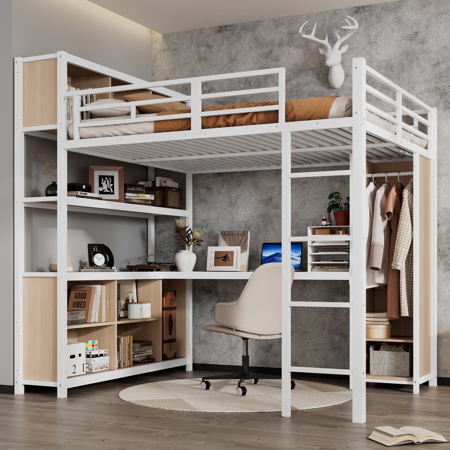 Iron Bed, Bunk Bed, Double-storey Storage Space Under The Desk, Upper Bed With Storage Space, With Wardrobe, Iron  Chipboard, White Natural, 140x200cm