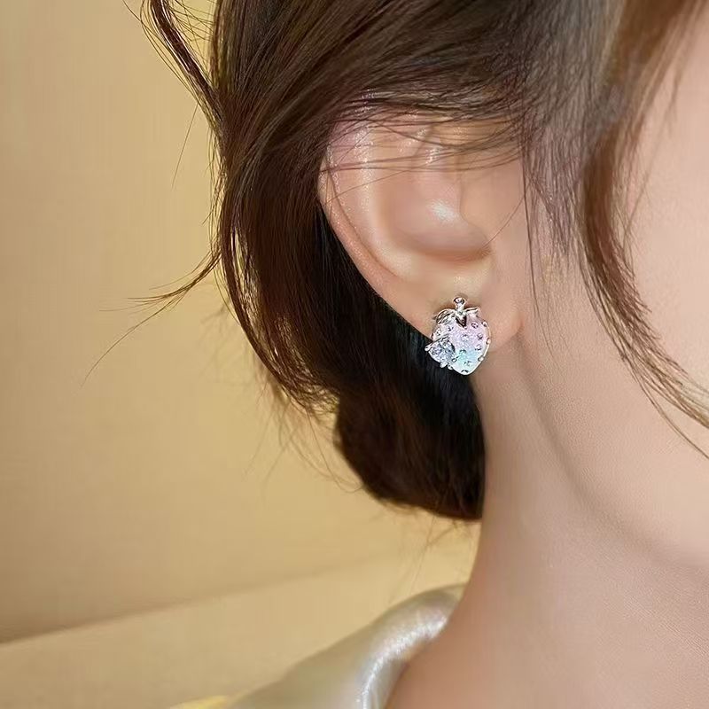 Strawberry Heart Zircon Stud Earrings For Women, Sweet Elegant Designer Jewelry,  Light Luxury Trendy Fashion Ear Accessories