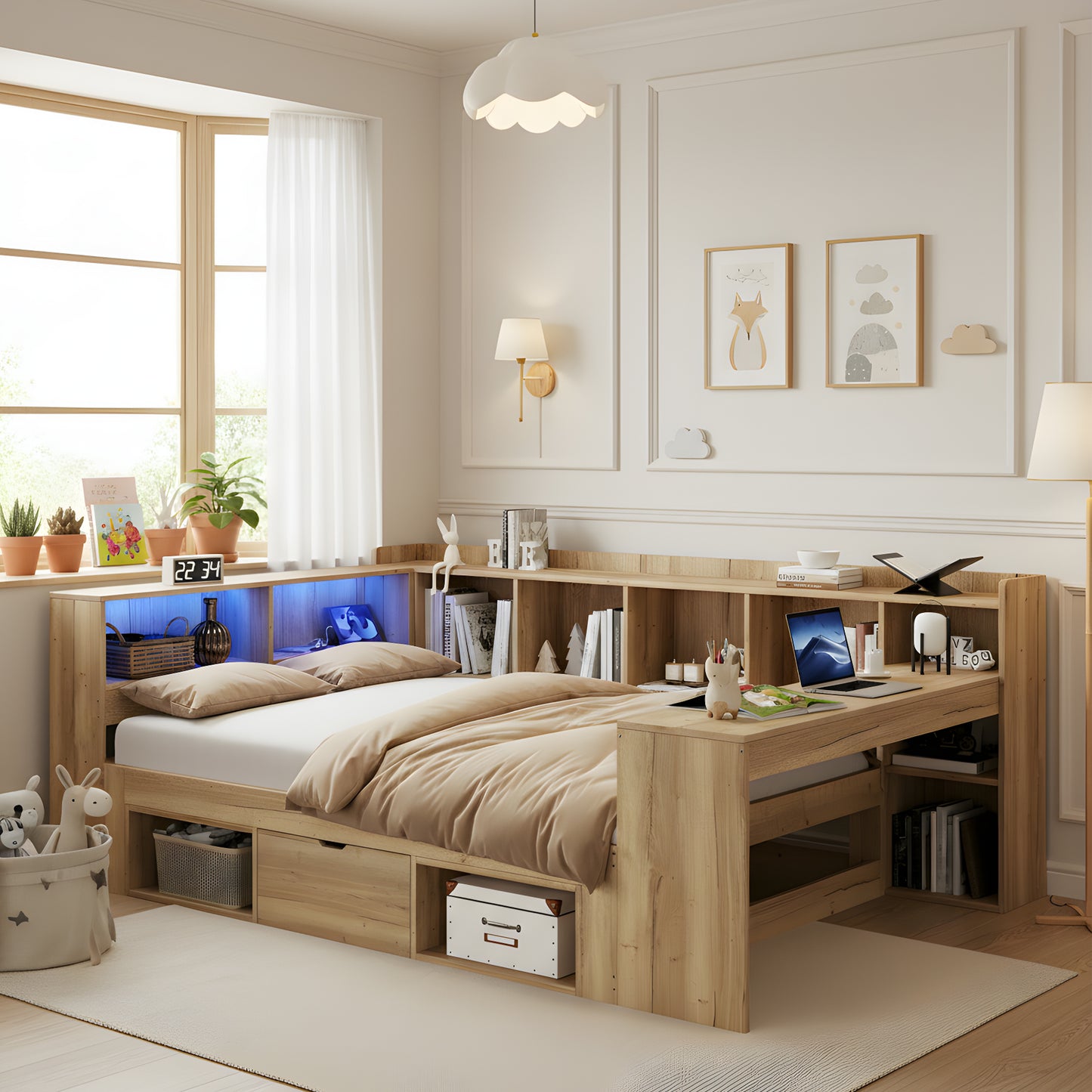 Children's Bed, Storage Bed 140x200 With LED Lighting, USB Charging Ports And Desk, Single Bed, Daybed, L-shaped Wooden Platform Bed, Daybed With Shelves & Drawers, Natural Colour