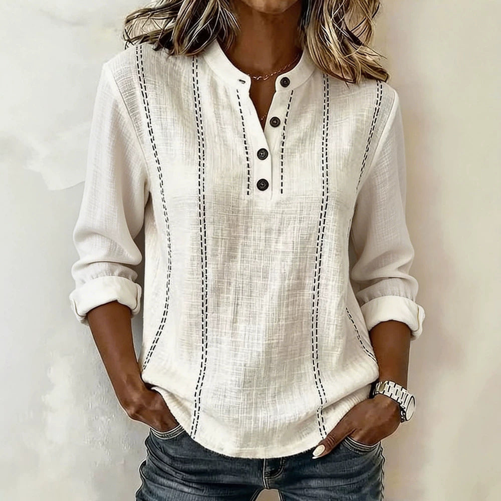 New Summer Loose Fitting Mandarin Collar Long-Sleeve Shirt