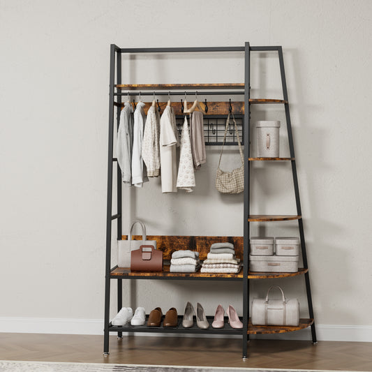 Industrial Style Freestanding Open Coat Rack With Shelves - Retro Brown Hanging Rack For Bedroom, Living Room & Home Office - Multi-Functional Clothes & Shoe Storage Organizer