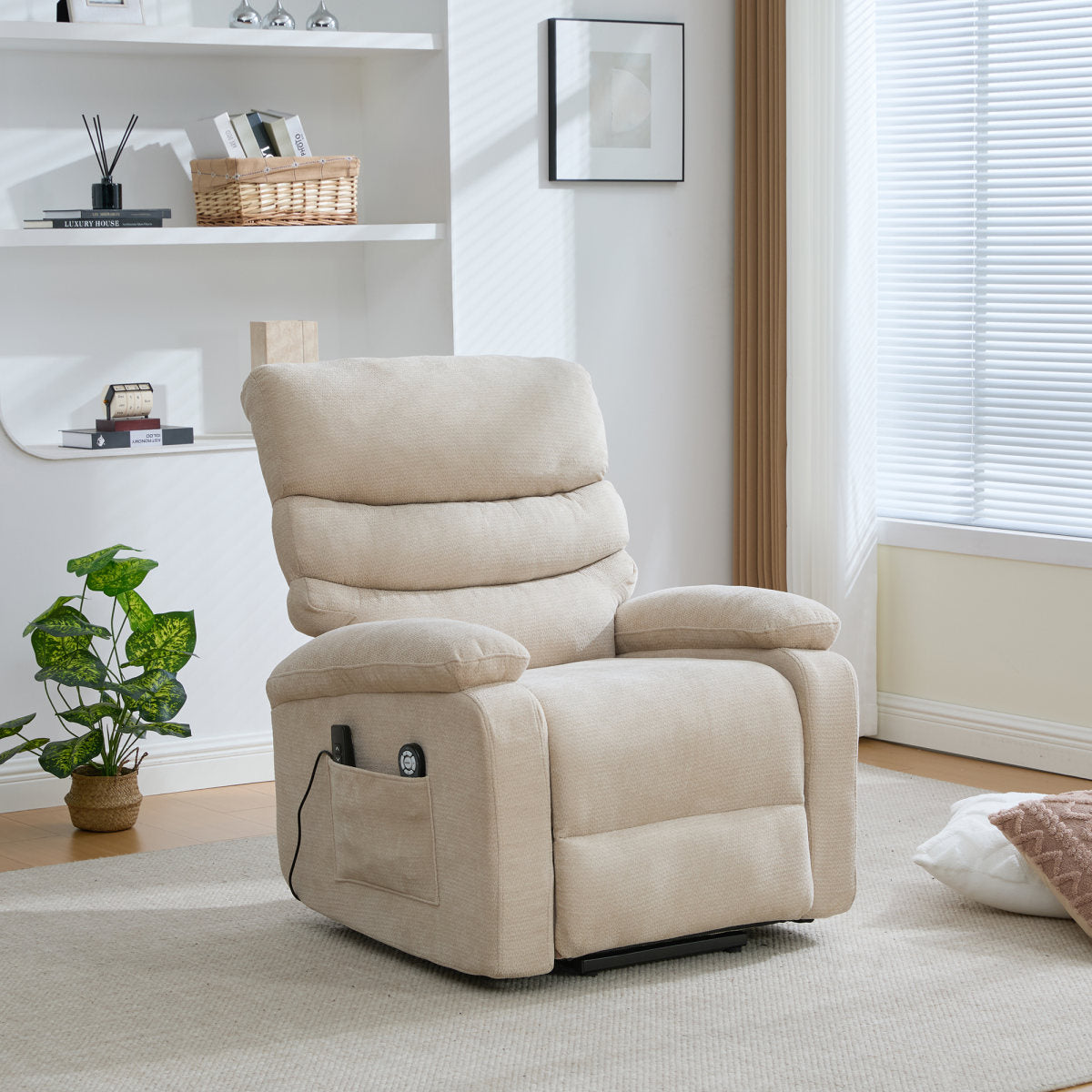 Multifunctional Electric Recliner With Stand-up Aid, Massage And Heat Function, Electrically Adjustable Backrest And Footrest As Well As Side Storage Pockets.Light Khaki