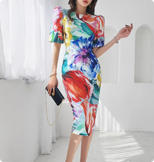 Korean Style Elegant Retro Print Round Neck Short-sleeved Top