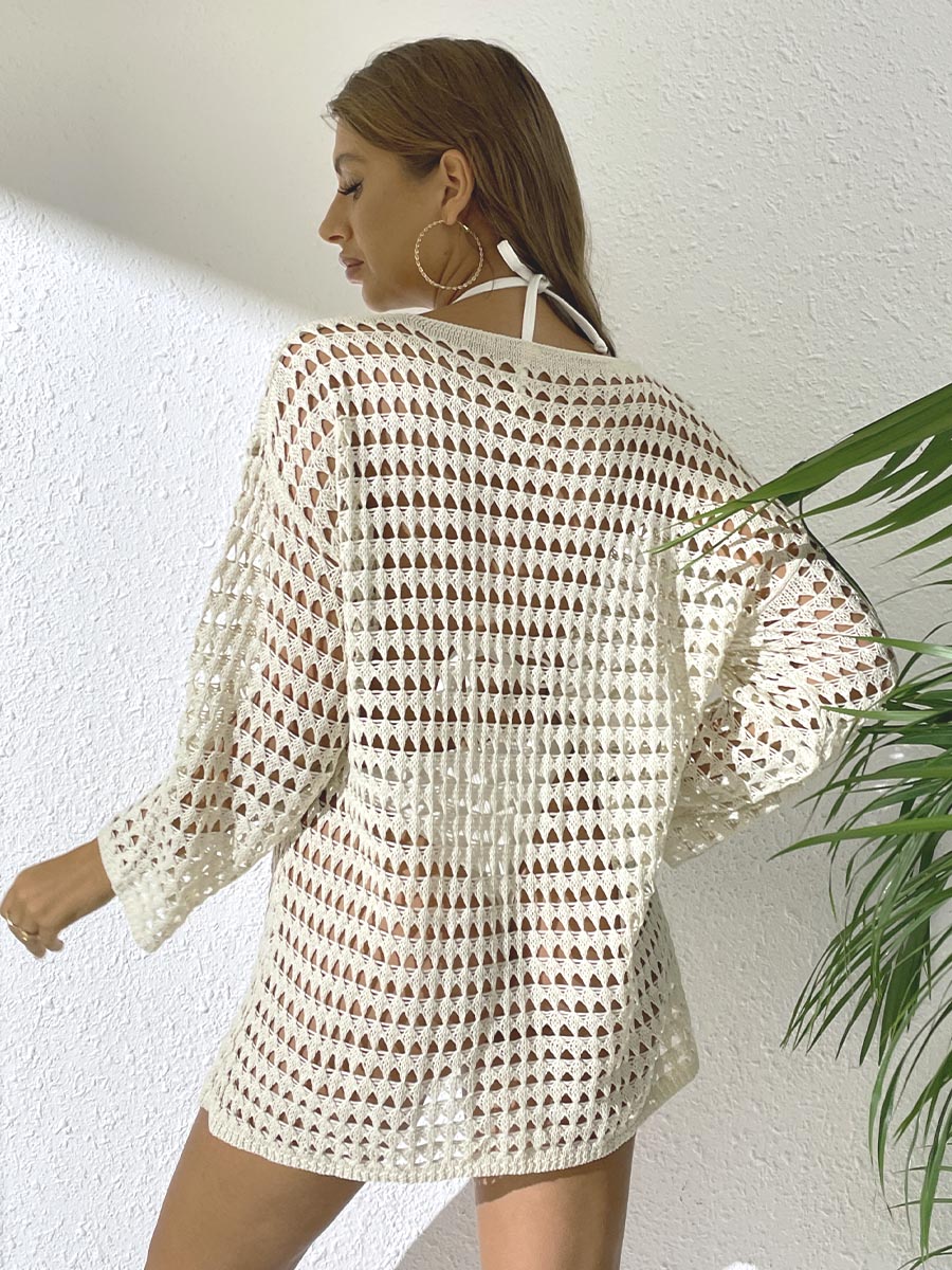 New Summer Women Knit Hollow Out Beach Dress, Crew Neck Long Sleeve Pullover Bikini Cover Up For Europe & America