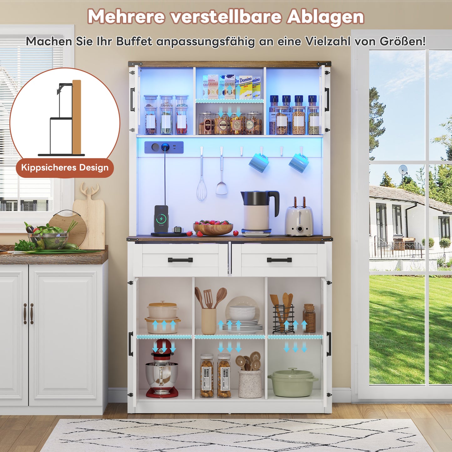 Bar Cabinet With LED Lighting And Sockets, Large Kitchen Buffet Cabinet With 2 Large Drawers, Barn Door Design, Adjustable Shelves, Rustic Coffee Bar Sideboard Table, White