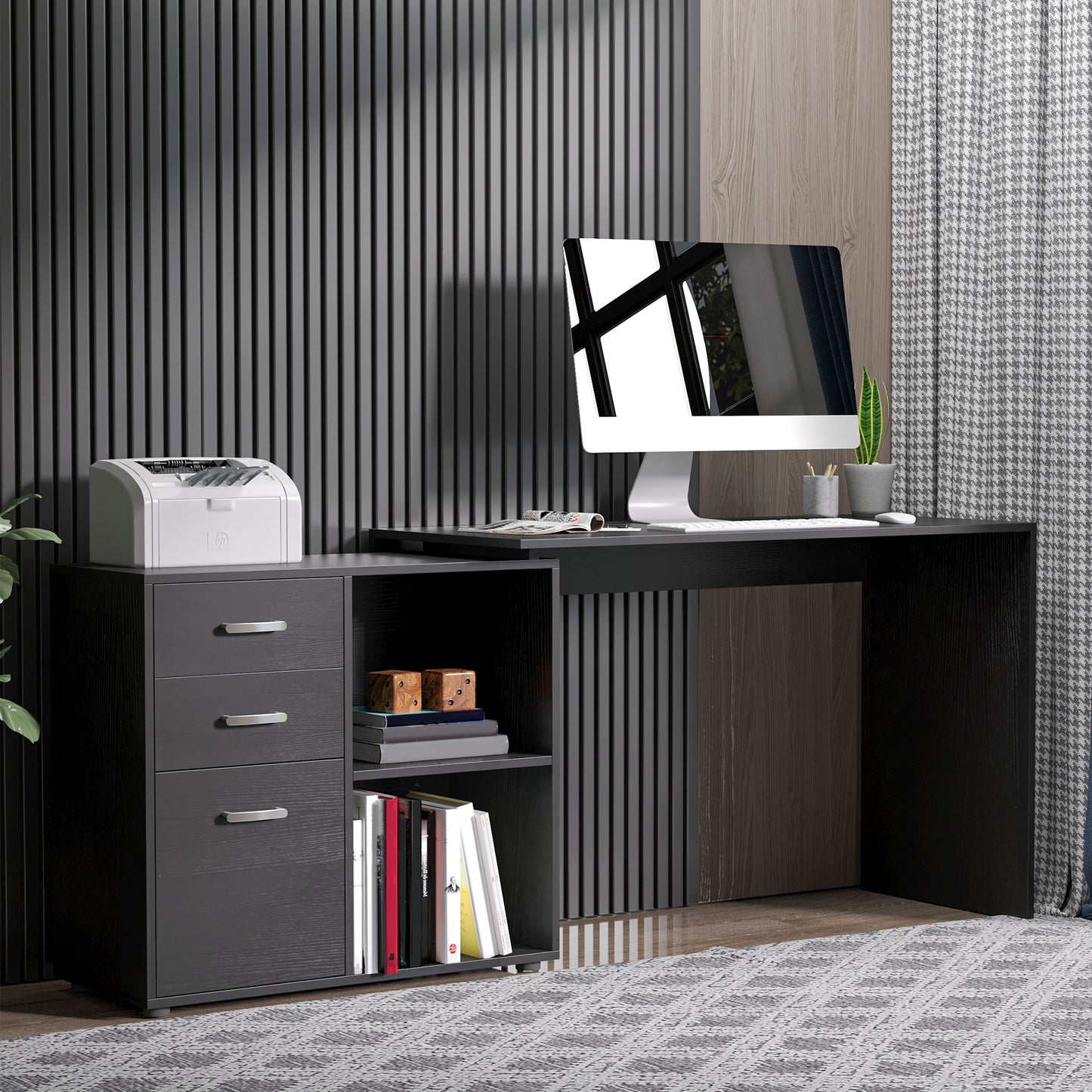 L Shaped Computer Desk, Reversible Home Office Desk With Drawers, File Cabinet And Storage Shelves, Study Table, 117 X 83.5 X 76cm, Black