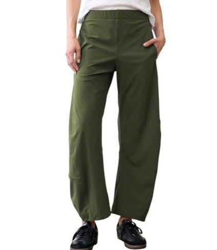 Women Barrel Curved Ankle Work Pants, Elastic High Waist, Loose Wide Thigh Slim Cuff Travel Trousers