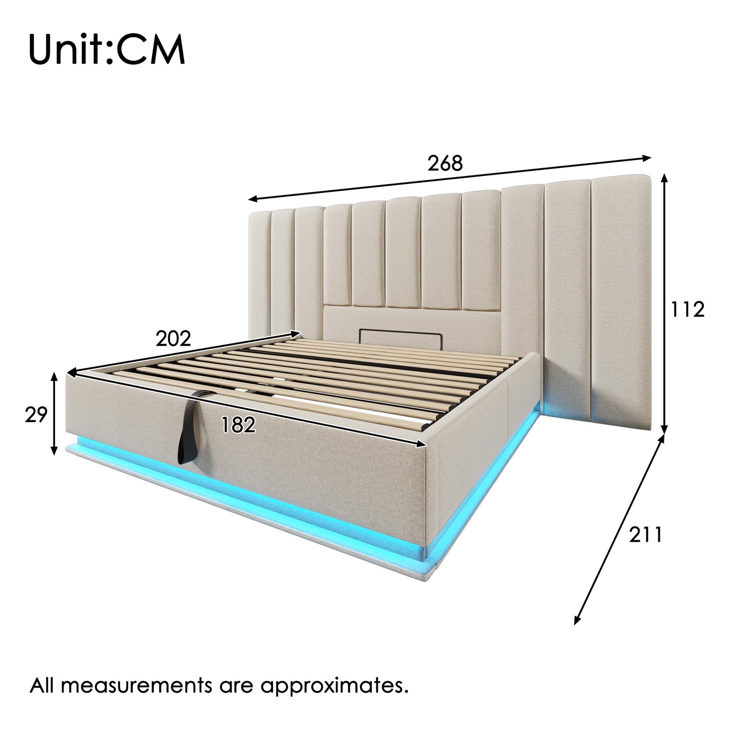 Upholstered Bed 180x200, Double Bed Storage Bed With LED And USB-C Charging Function, Bed Frame With Slatted Base, Linen, Beige, Without Mattress And Bedside Table