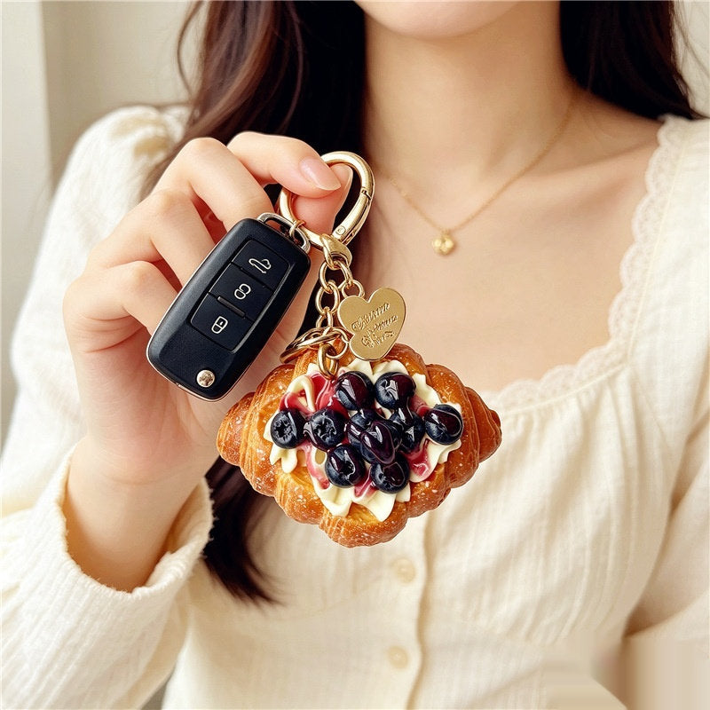 Artificial Food Cream Fruit And Croissant Keychain Pendant