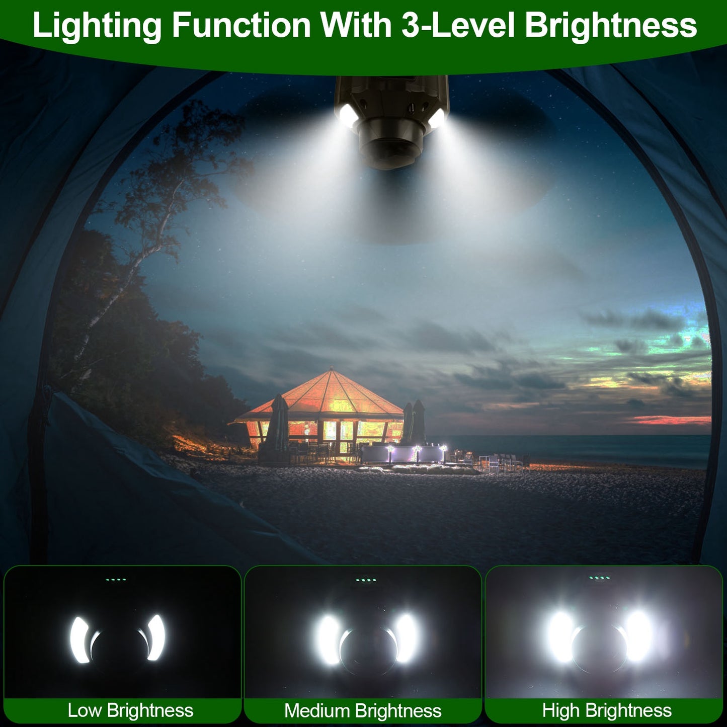 5200mAh Or 10400mAh Options -- 1Pc Portable Camping Ceiling LED Fan  USB Battery Powered Hanging Tent Lantern Fan Power Bank With 3 Fan Speed 3 Light Brightness Smart Timer Remote Control
