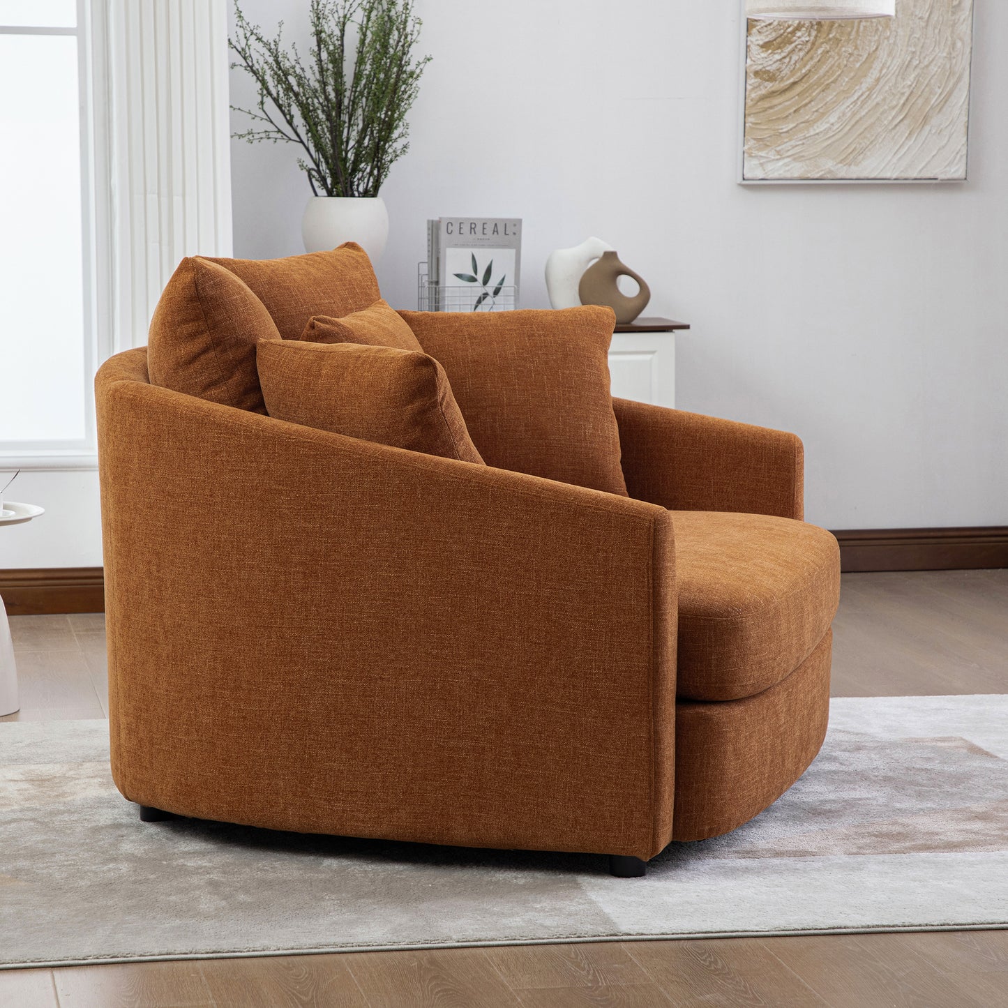 56.3  Wide Upholstered Round Accent Cuddle Chaise With Pillows, Cozy Oversized Slipcovered Barrel Lounger Chair With Deep Seat Reading Armchair For Club, Living Room, Bedroom, Office, Lounge, Orange