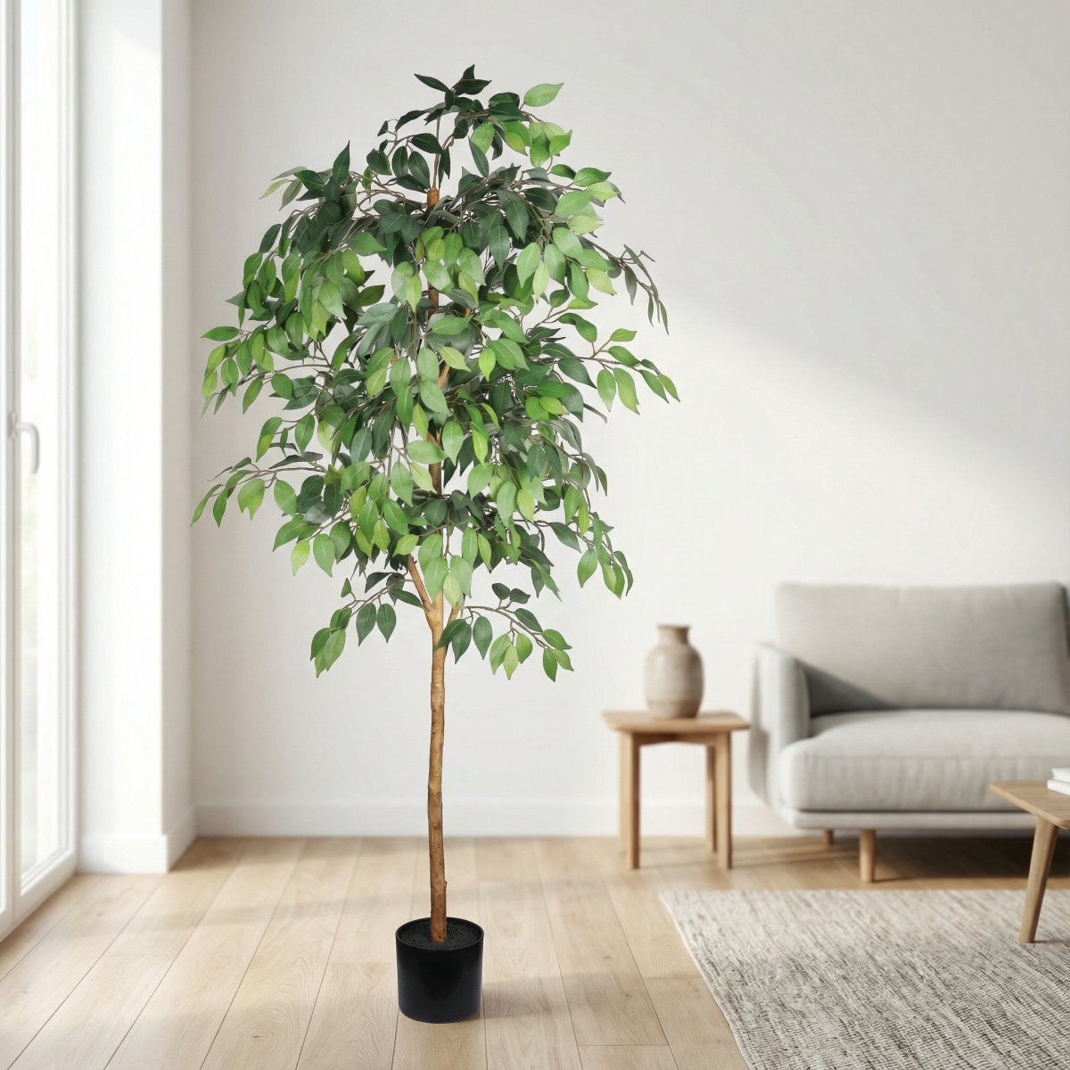 6FT Artificial Ficus Tree with Natural Trunk in Black Plastic Pot for Indoor Home Office Decor, 1pc/set