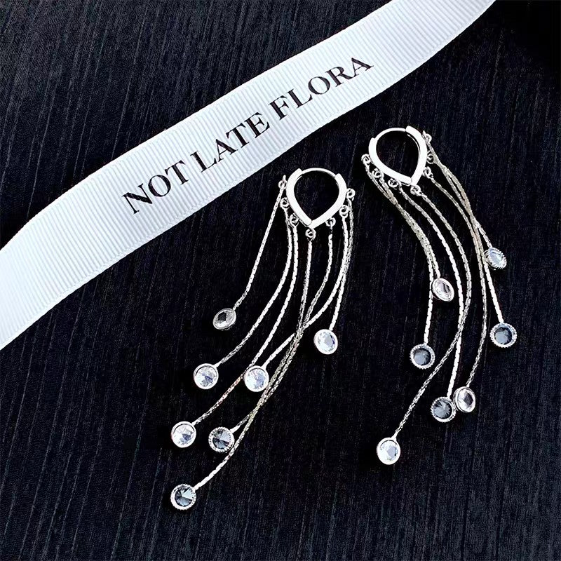 1 Pair 999 Sterling Silver Long Tassel Crystal Earrings, Luxurious Elegant Style, Perfect For Parties & Valentine's Gifts