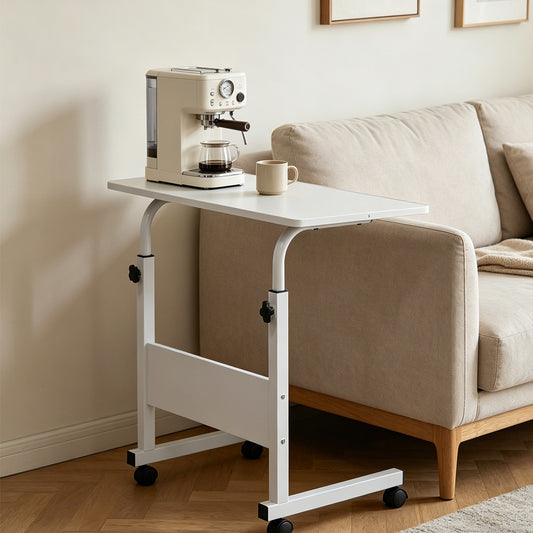 80cm Adjustable Tray Table Rolling Sofa Side Snack Table With Wheels Portable C-Shape Dinner Tray Tables Mobile Wooden Laptop Desk Beside Couch Bed