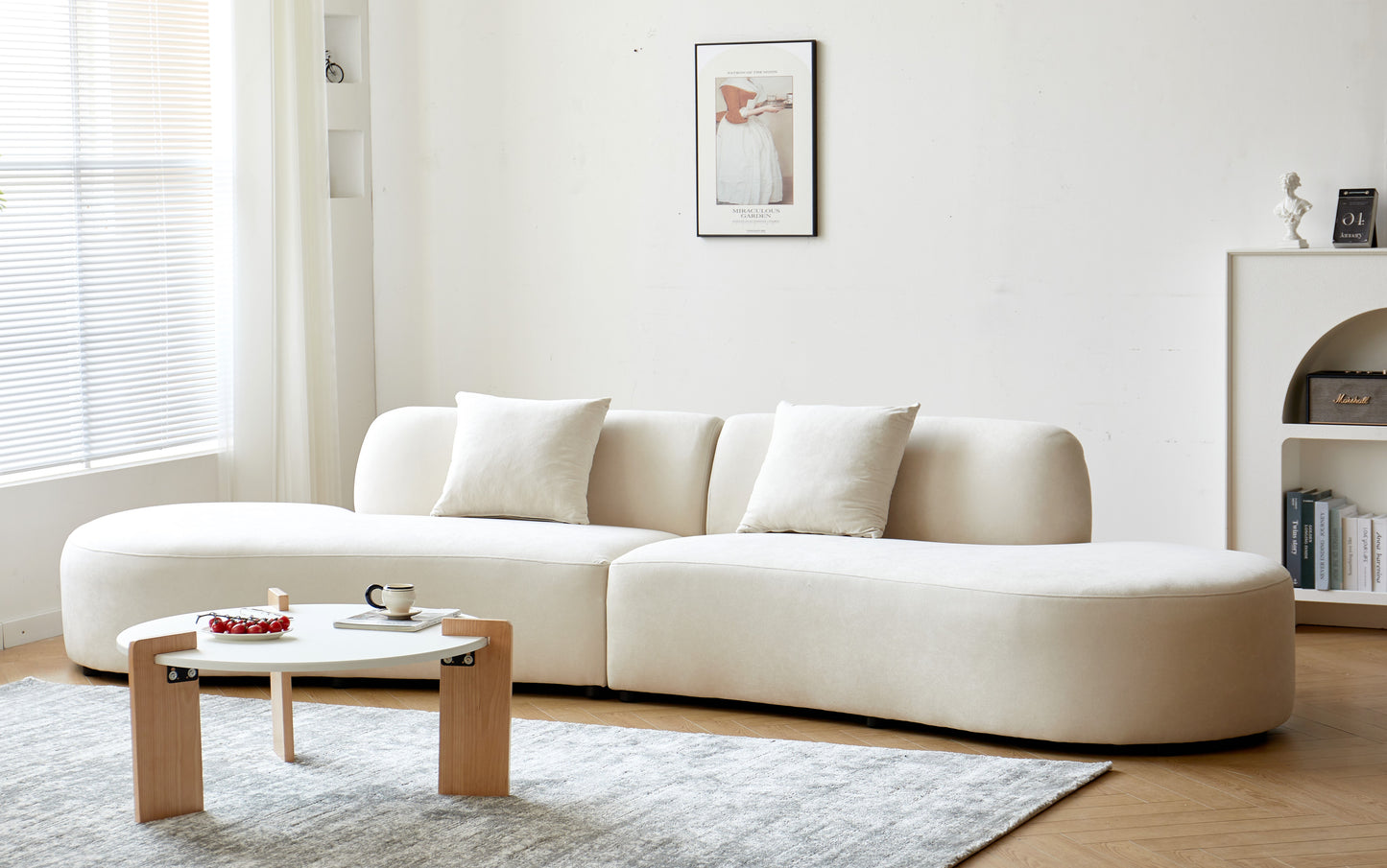 132   Curved Sofa With Throw Pillows, 6 Seater Luxury Velvet Couch With Half Moon Design And High-Density Foam, Ideal For Modern Living Room, Office & Apartment, Ivory