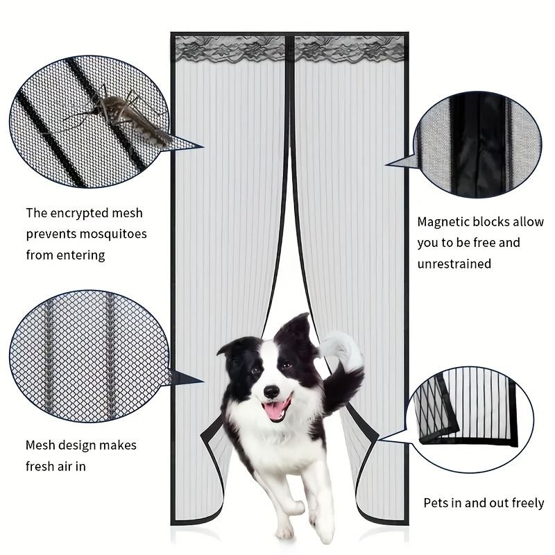 Black Hands-free Magnetic Door Curtain, Breathable And Mosquito-proof For Summer, Self-adhesive With No Tools Needed, Automatic Magnetic Closure, Pet-friendly, Ideal For Living Room, Bedroom, Balcony