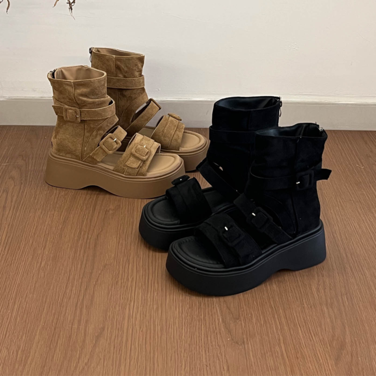 Retro Thick Soled Roman Cool Boots For Women's New Fashion Set, Toe High Top Sandals, Height Boosting Zipper Short Boots